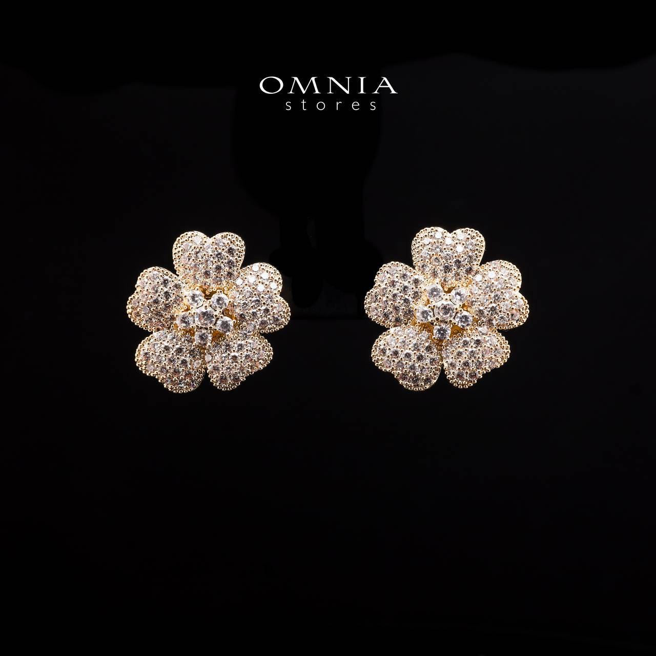 Omnia Lamis Golden Floral Earrings with Textured Petals and Pave-Set High-Quality Zircon Stones in a Rhodium Plated Finish - OMNIASTORES UAE