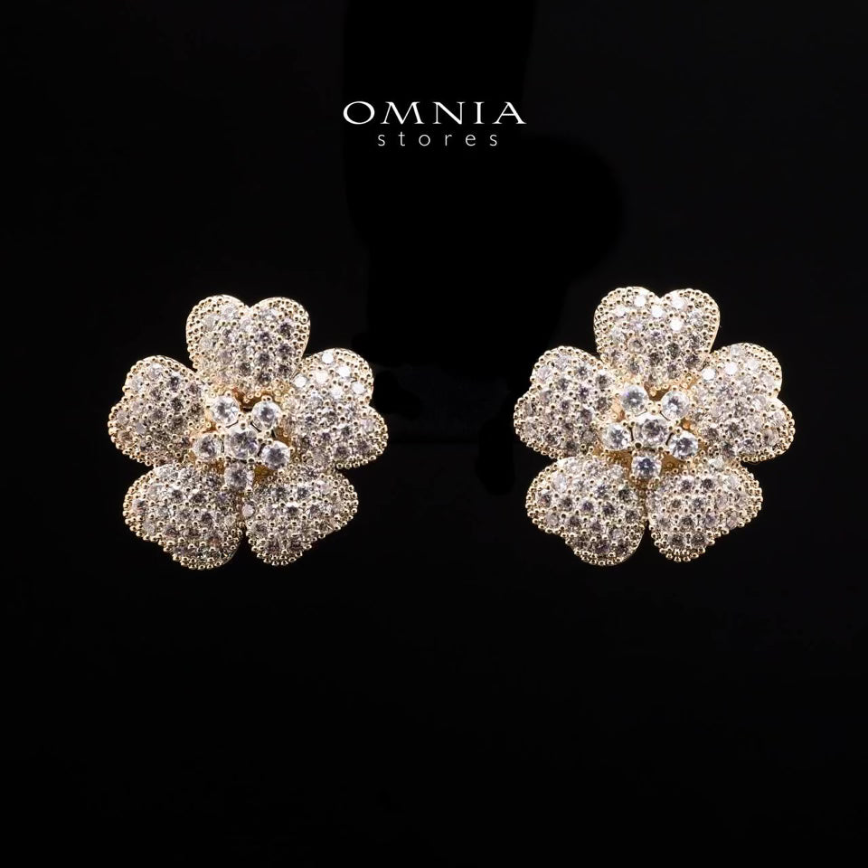 Omnia Lamis Golden Floral Earrings with Textured Petals and Pave-Set High-Quality Zircon Stones in a Rhodium Plated Finish - OMNIASTORES UAE