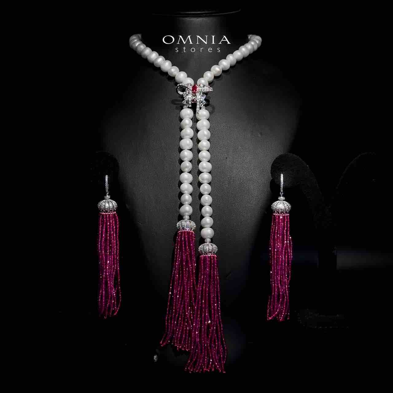 Omnia Bisan Fresh Real Water Pearl Long Chain Necklace & Drop Earrings in 92.5 Silver with High-Quality Simulated Diamonds - OMNIASTORES KSA