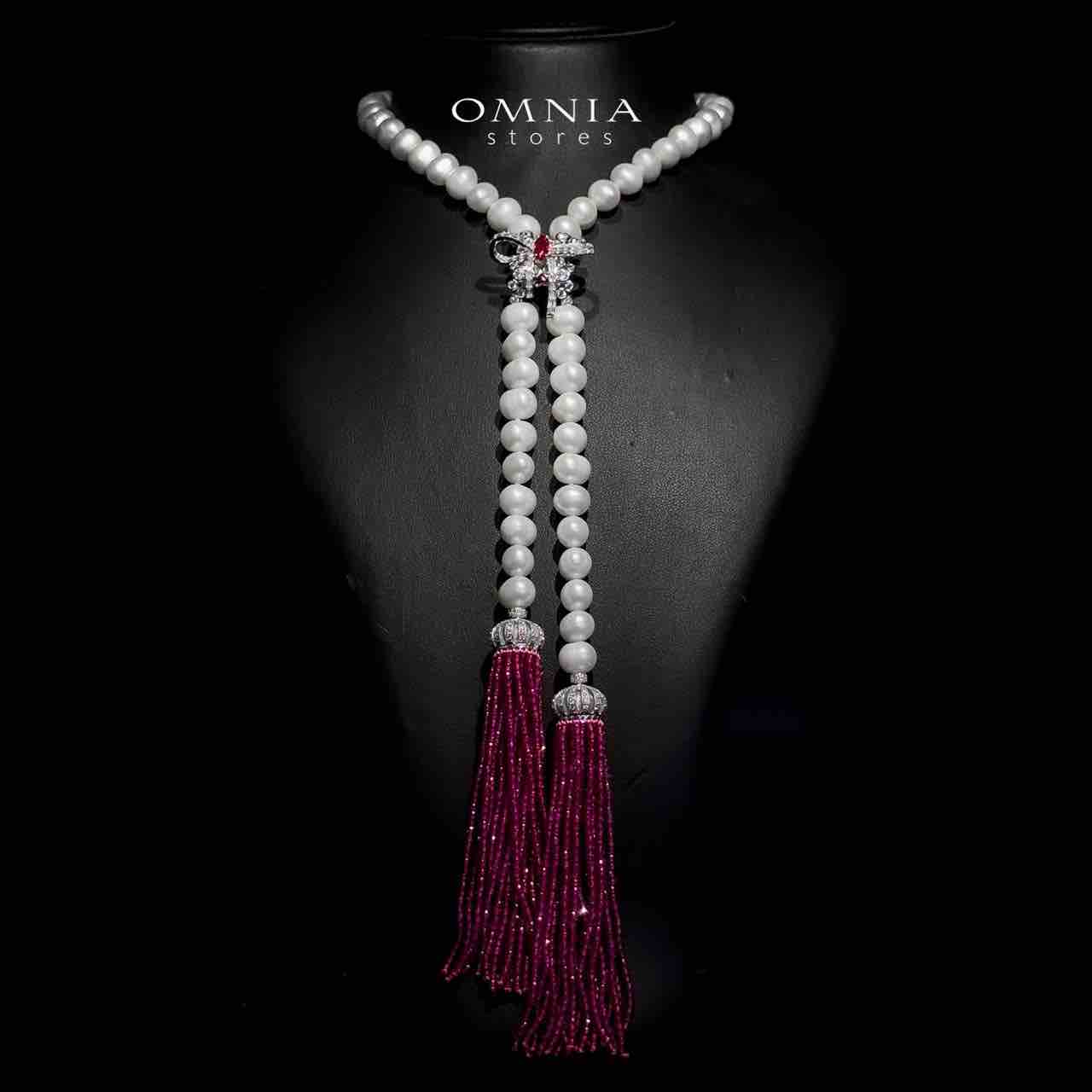 Omnia Bisan Fresh Real Water Pearl Long Chain Necklace & Drop Earrings in 92.5 Silver with High-Quality Simulated Diamonds - OMNIASTORES KSA