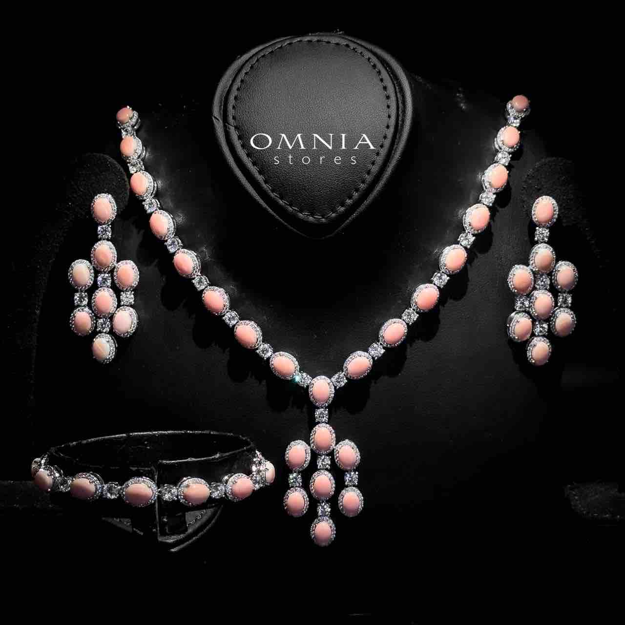 Omnia Dawlat Necklace, Earrings and Bracelet Set 92.5 Silver In High Quality Simulated diamonds with Pink Stones - OMNIASTORES KSA