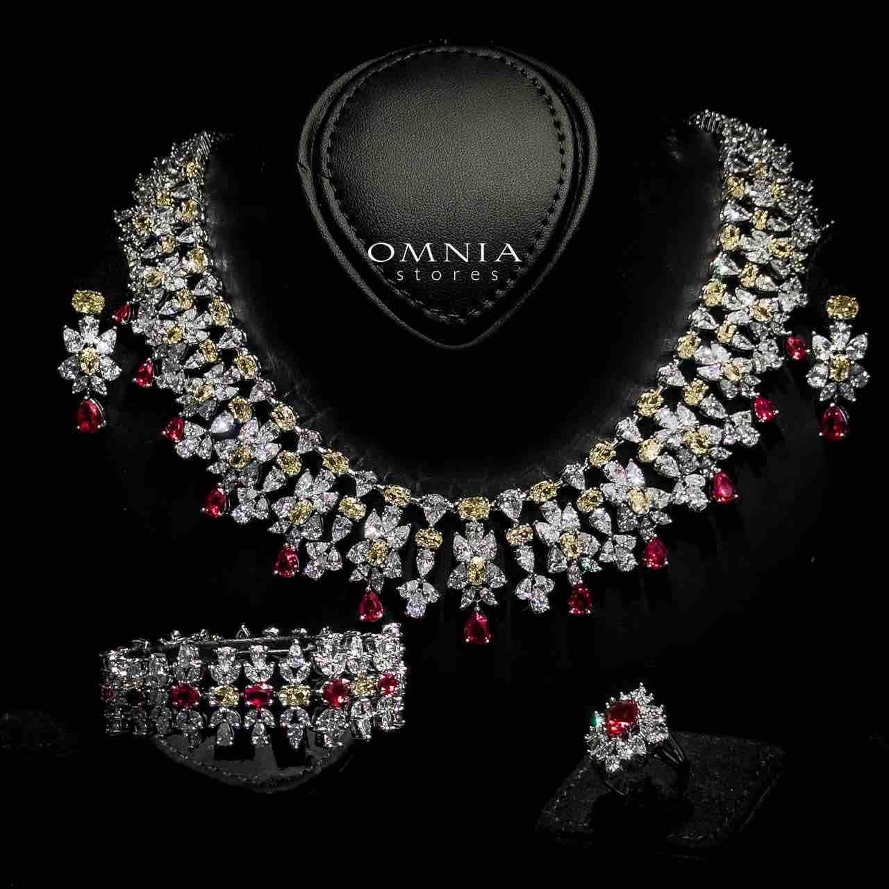 Omnia Dema Red and Yellow Bridal Full Set in High Quality Zircon Stone Rhodium Plated - OMNIASTORES KSA