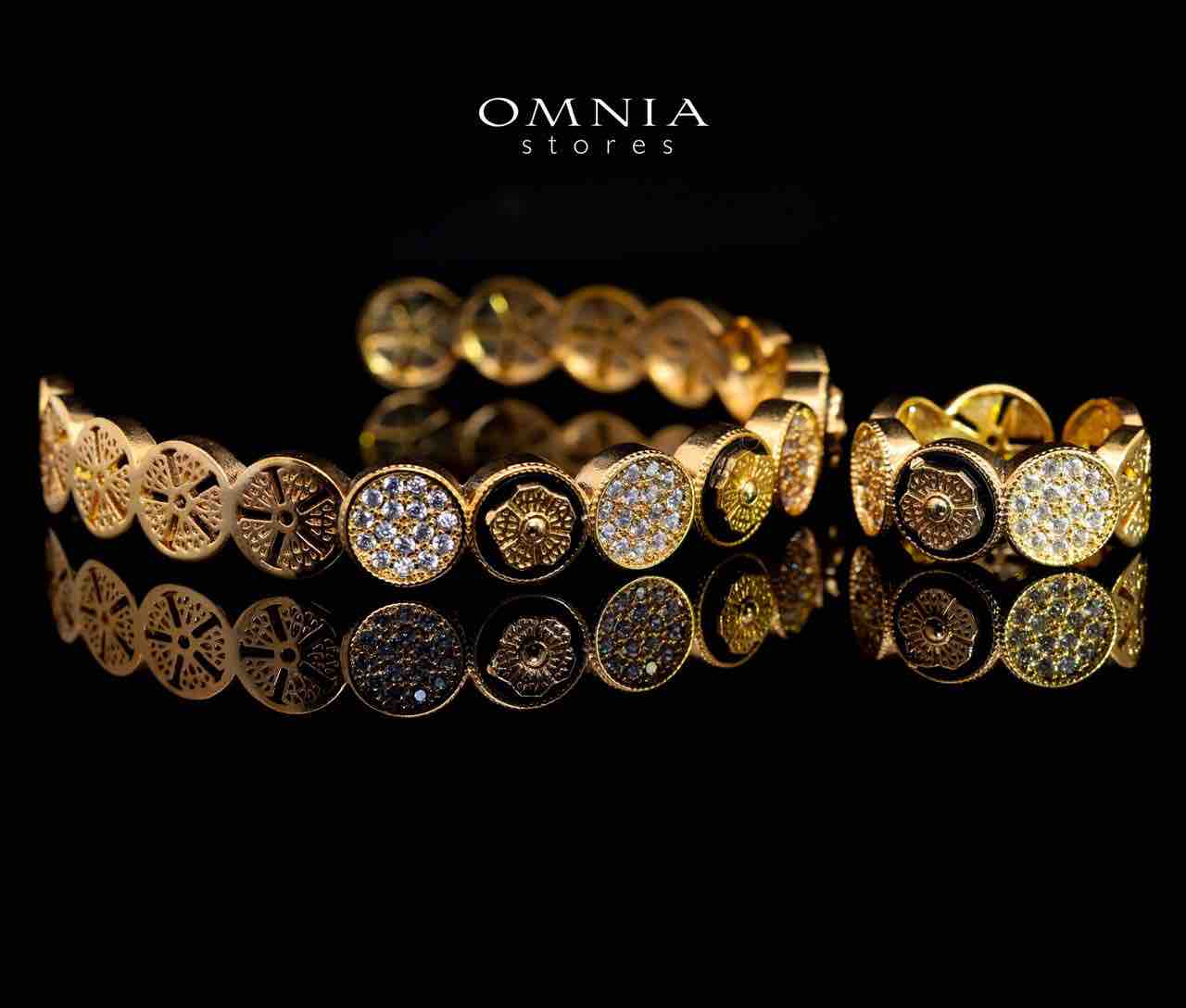 Omnia Golden Cuff With Bracelet and Ring with Black In Rhodium Plated
