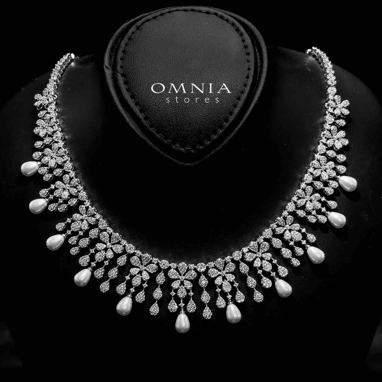 Omnia Zee White Bridal Full Set in High Quality Zircon Stone With Pearl in Rhodium Plated