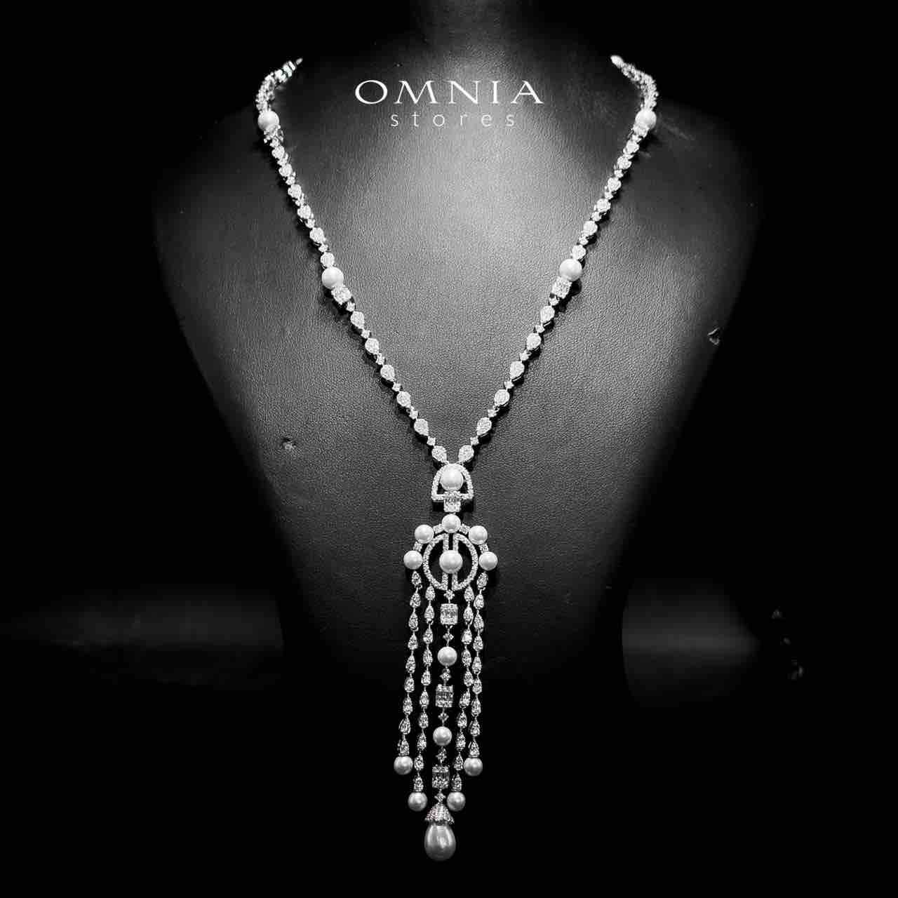 Omnia afaf White Pearl Bridal Long chain Set Accessories High Quality Zircon Stone In Rhodium Plated