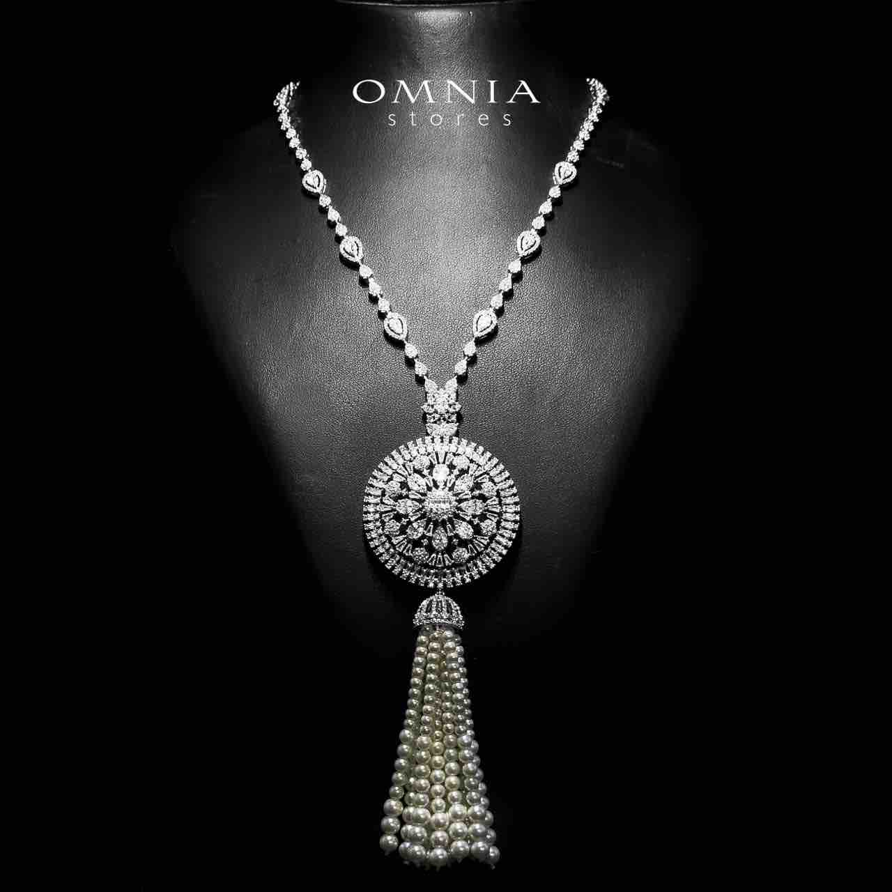 Omnia Darya White Long Chain Pearl Full Set in High Quality Zircon Stone in Rhodium Plated