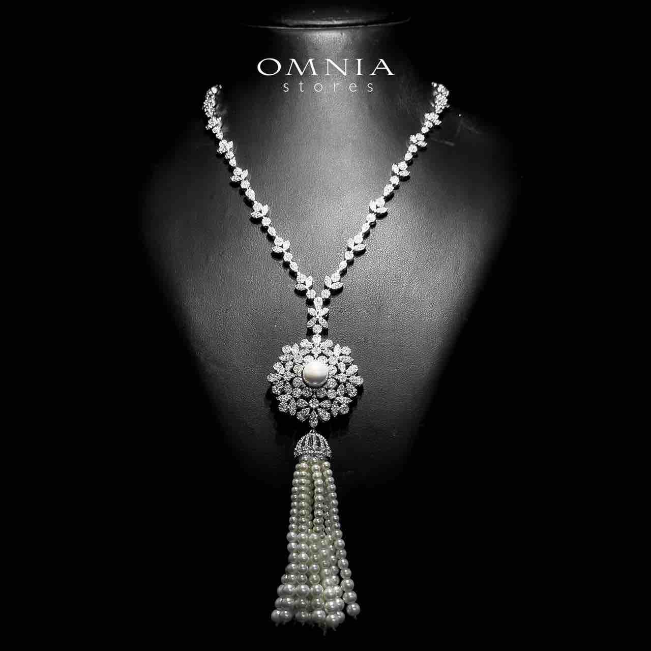 Omnia Delaram White Long Chain Pearl Full Set in High Quality Zircon Stone in Rhodium Plated