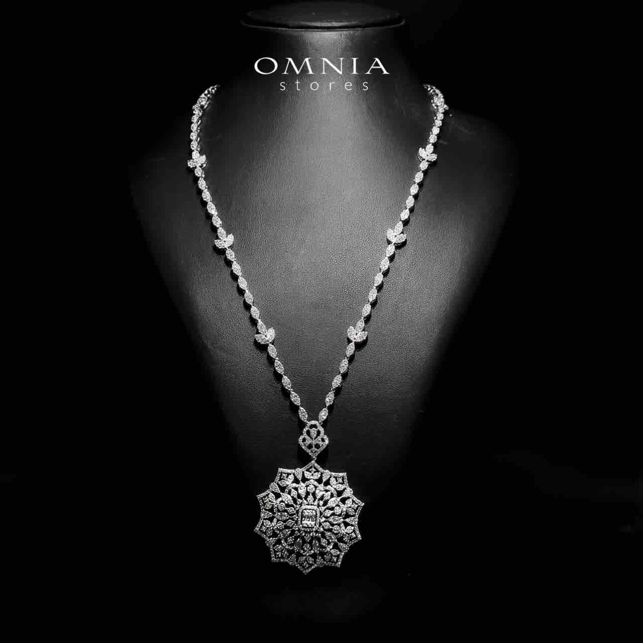Omnia Delnaz White Long Chain Full Set in High Quality Zircon Stone in Rhodium Plated