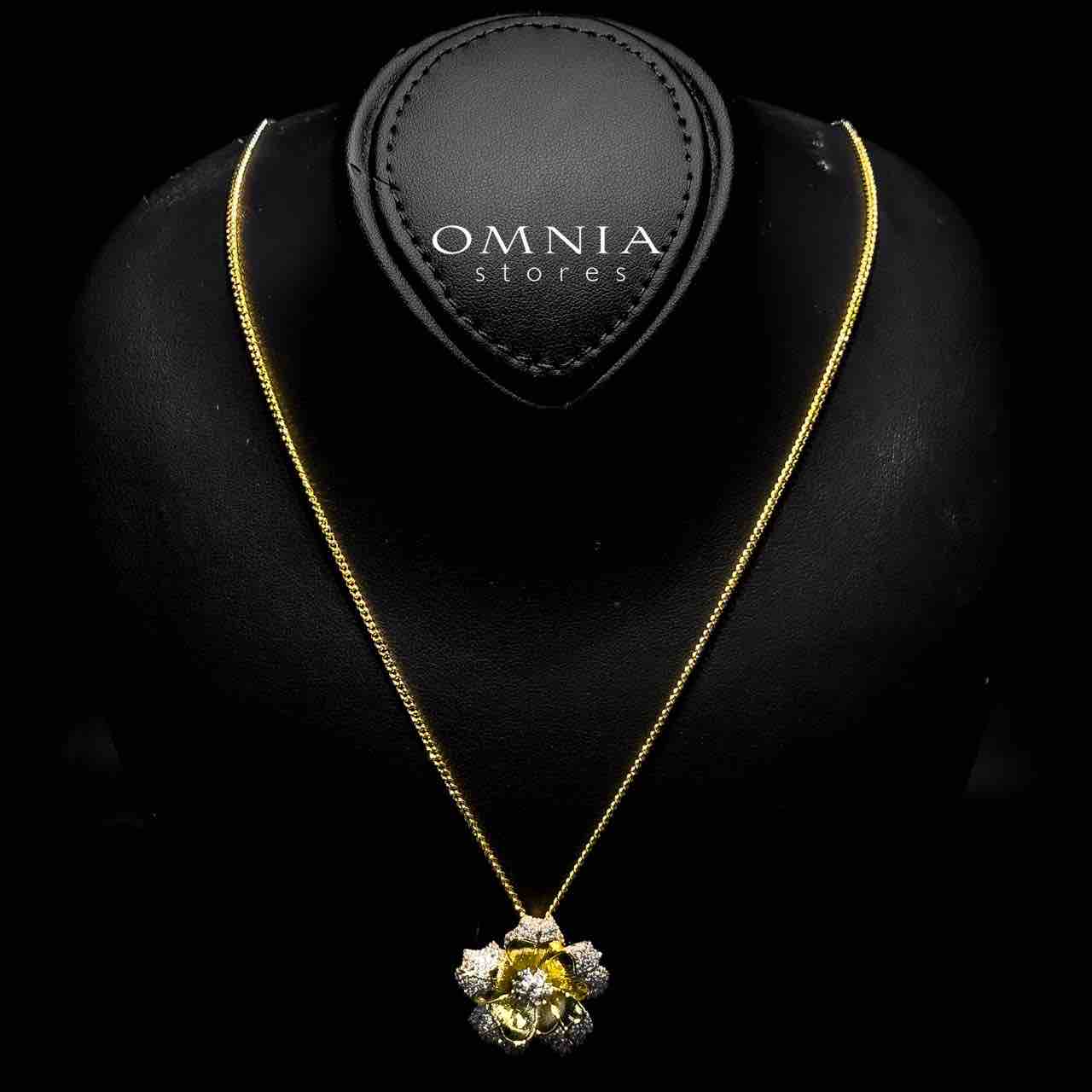 Omnia Elnaz Gold Plated Flower Design Necklace, Earrings & Ring Set in High Quality Zircon Stone in Rhodium Plated