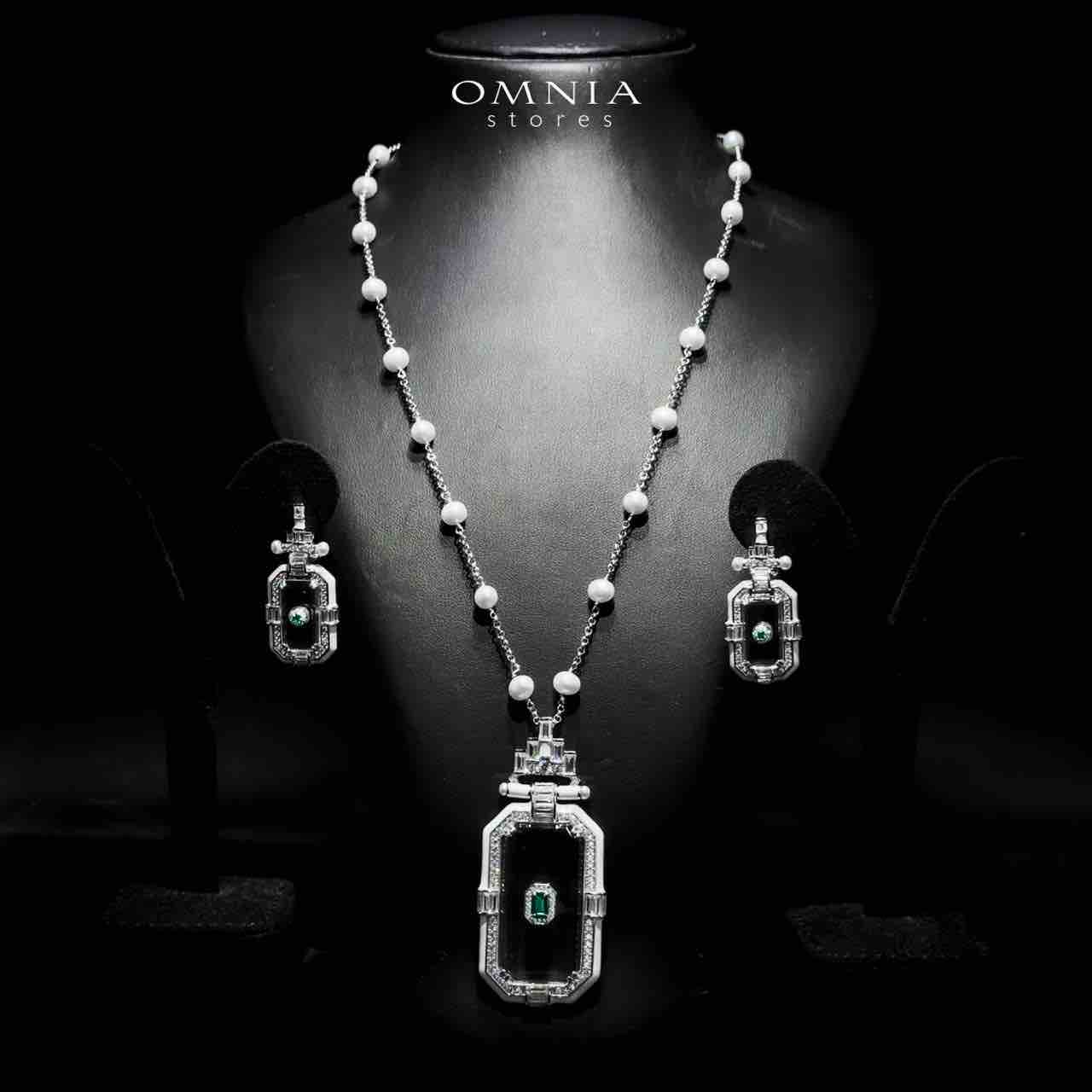 Omnia Parvaneh Fresh Real Water Pearl Long Chain Necklace & Drop Pearl Earrings in 925 Silver with High-Quality Simulated Diamonds
