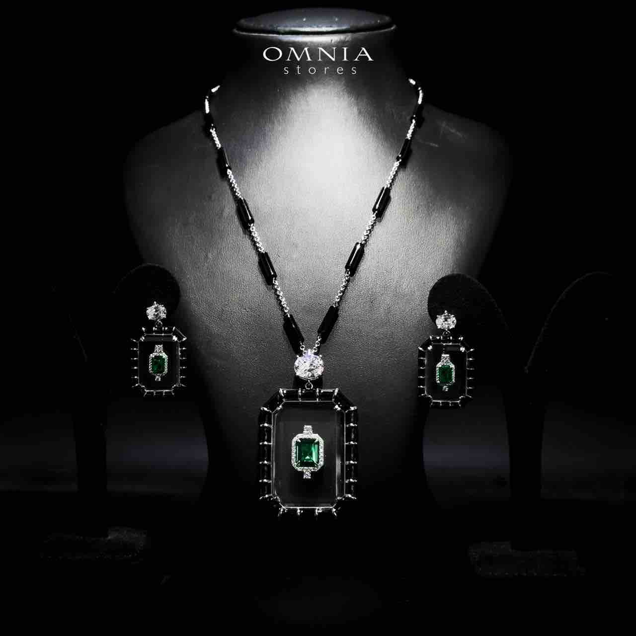 Omnia Parvin Black Long Chain Necklace & Drop Pearl Earrings in 925 Silver with High-Quality Simulated Diamonds