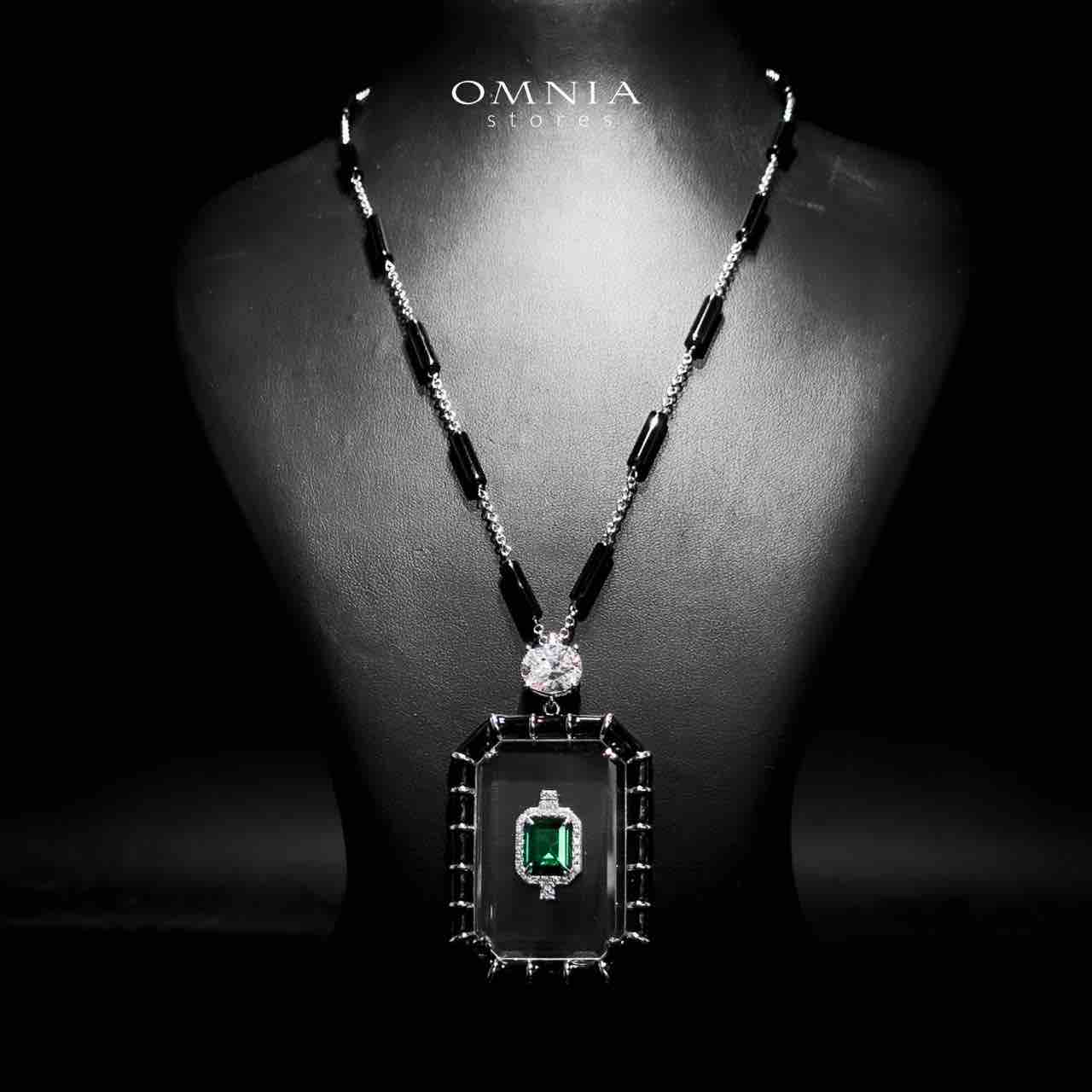 Omnia Parvin Black Long Chain Necklace & Drop Pearl Earrings in 925 Silver with High-Quality Simulated Diamonds
