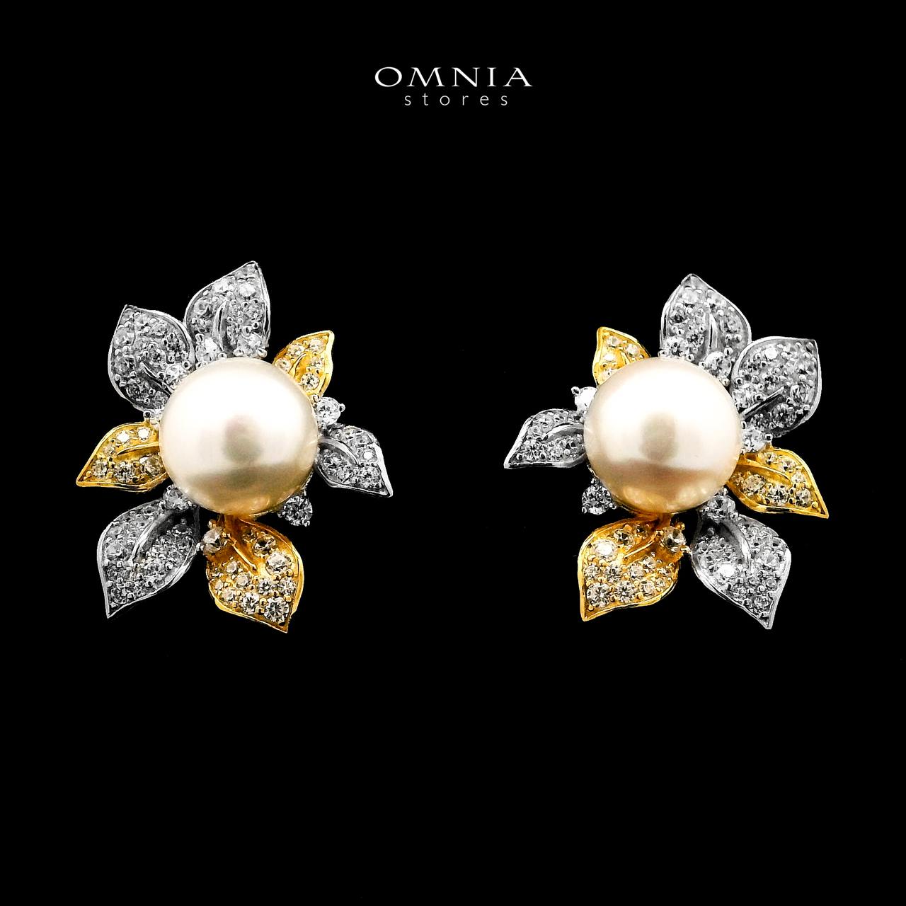 أقراط Omnia Estelle Fresh Real Water Pearl باللونين الذهبي والفضي من الفضة 925 مع ألماس صناعي عالي الجودة