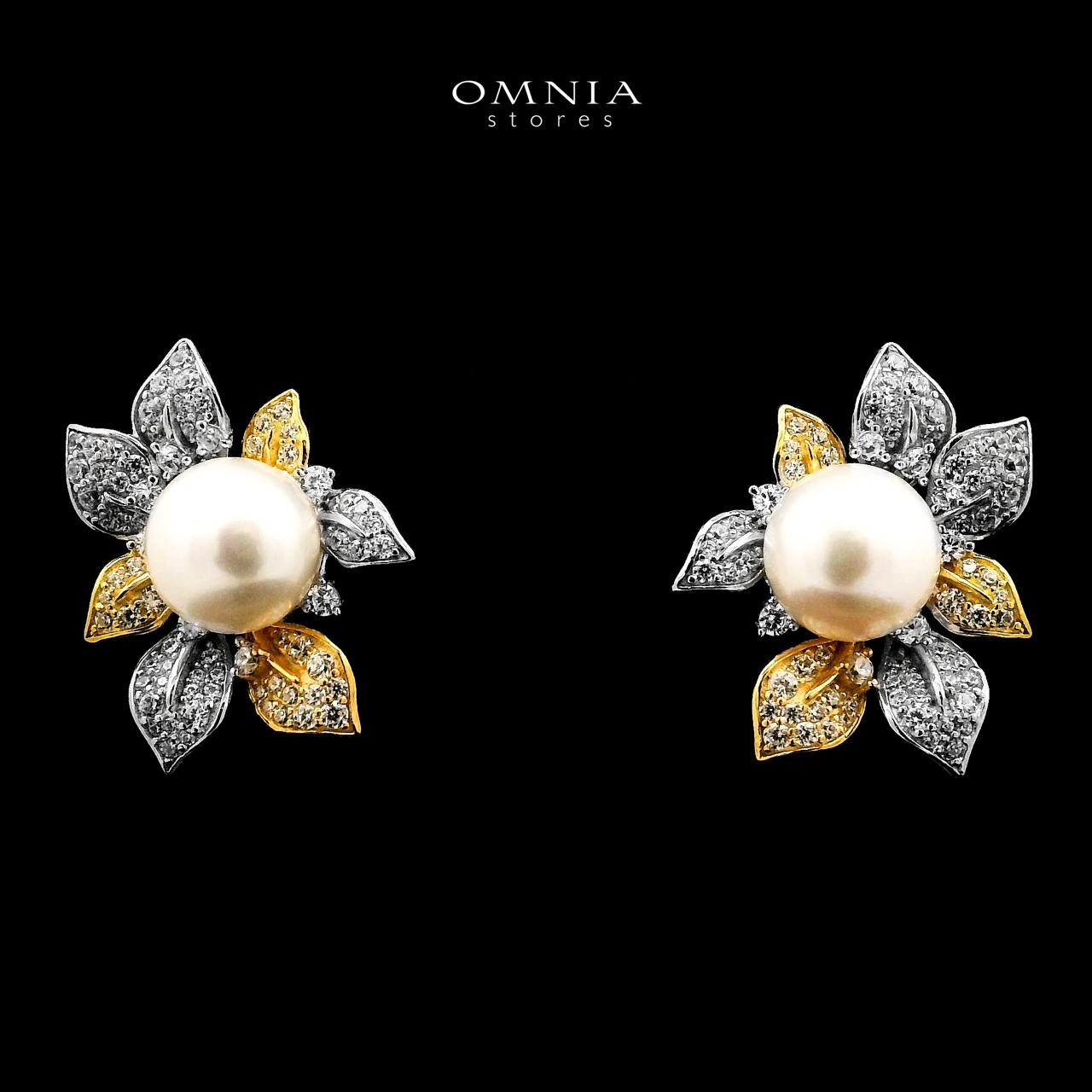 أقراط Omnia Estelle Fresh Real Water Pearl باللونين الذهبي والفضي من الفضة 925 مع ألماس صناعي عالي الجودة