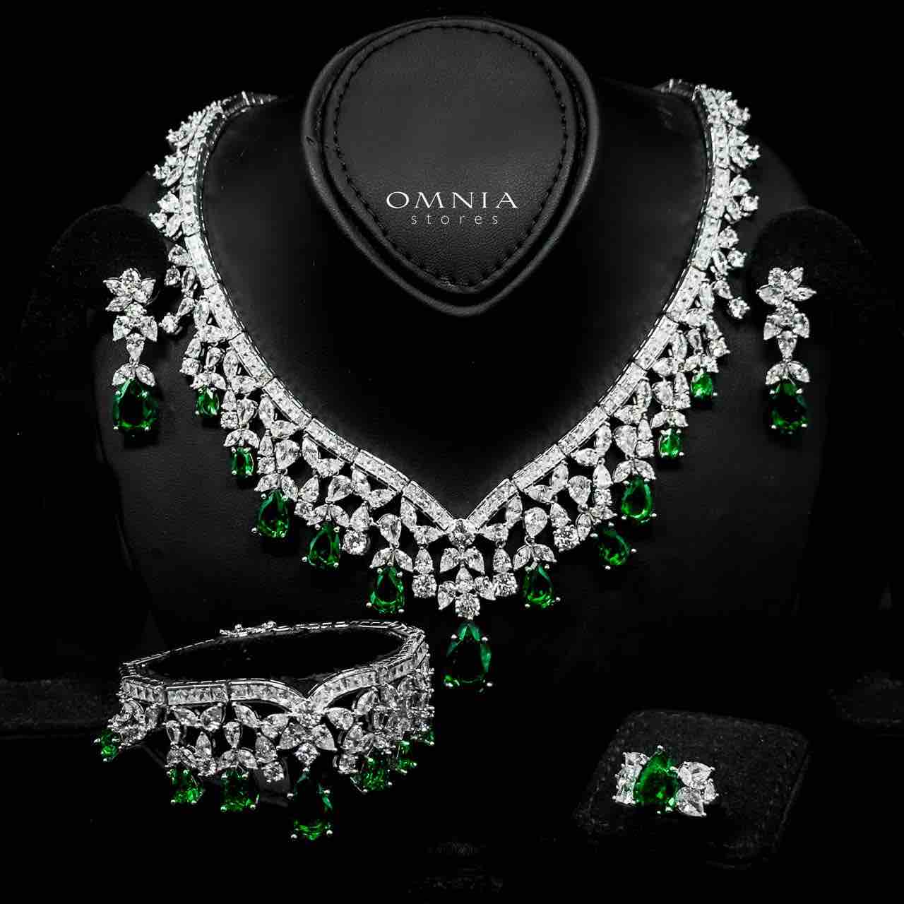 Omnia Princess Bridal Full Set with Pear-Cut White And Green High-Quality Simulated Diamonds Rhodium Plated