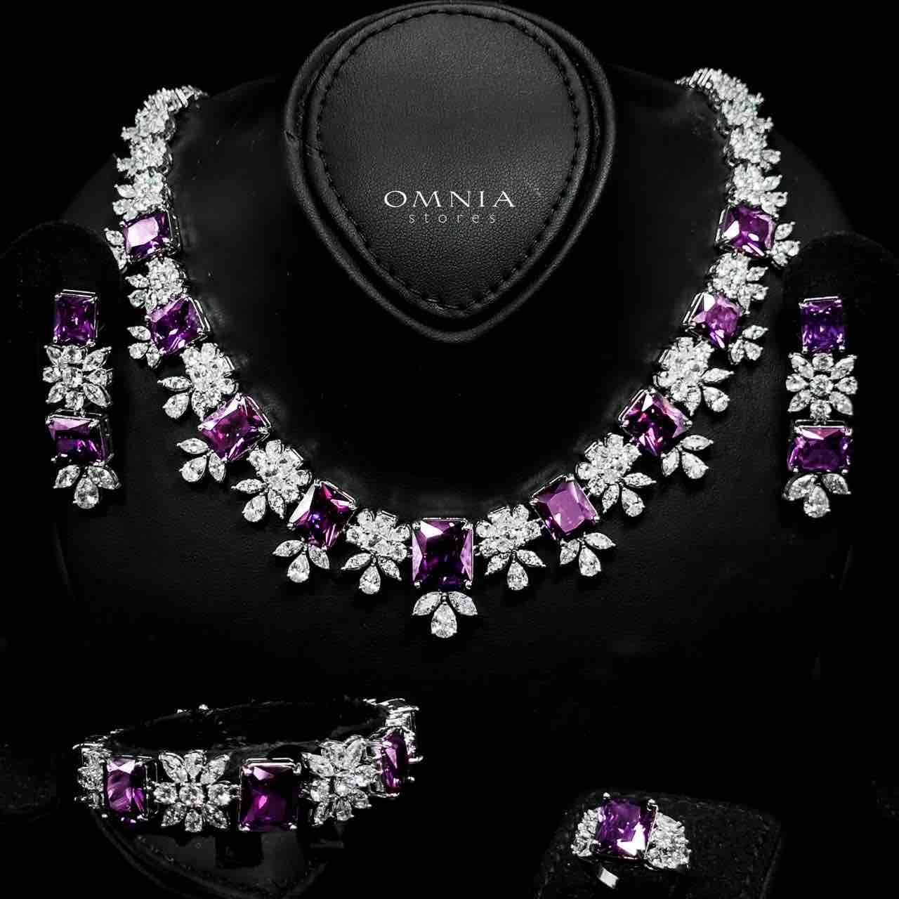 Omnia Charlotte Purple Bridal Full Set with Emerald and Pear-Cut High-Quality Simulated Diamonds Rhodium Plated