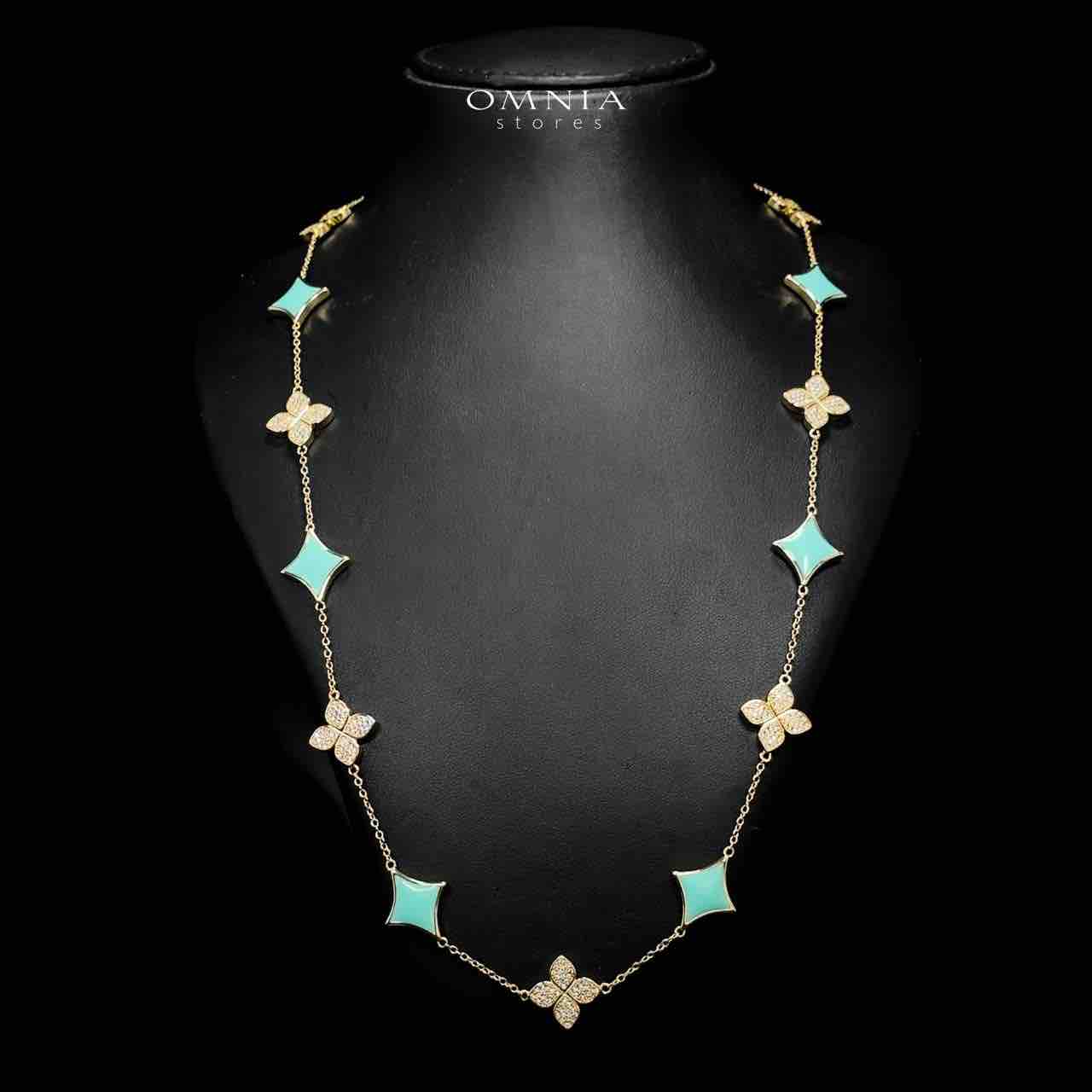 Omnia Golden Clove Turqoise Long Chain Full Set with High-Quality Simulated Diamonds 18k Gold Plated 100cm