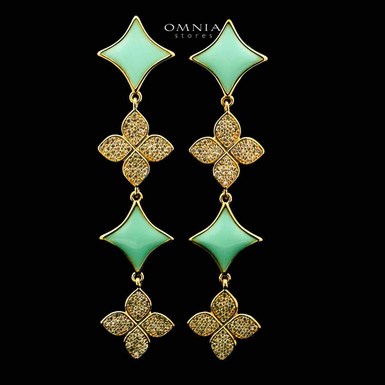 Omnia Golden Clove Turqoise Long Chain Full Set with High-Quality Simulated Diamonds 18k Gold Plated 100cm