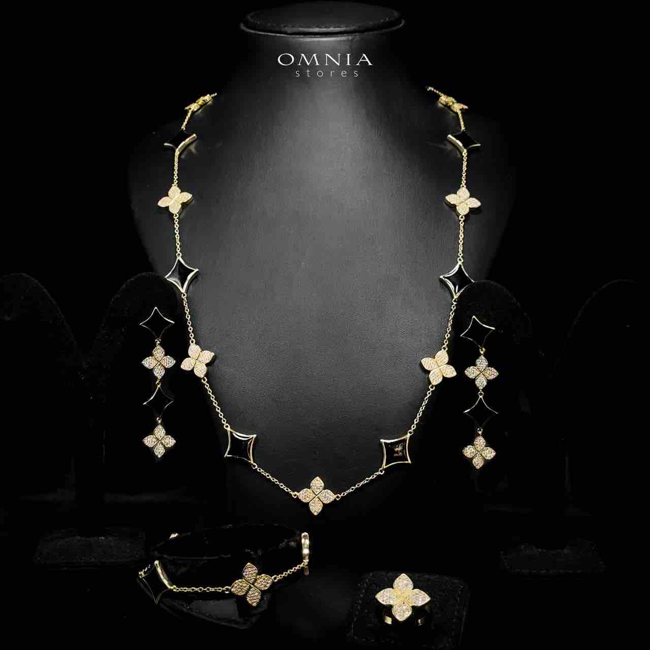 Omnia Golden Clove Black Long Chain Full Set with High-Quality Simulated Diamonds 18k Gold Plated 100cm