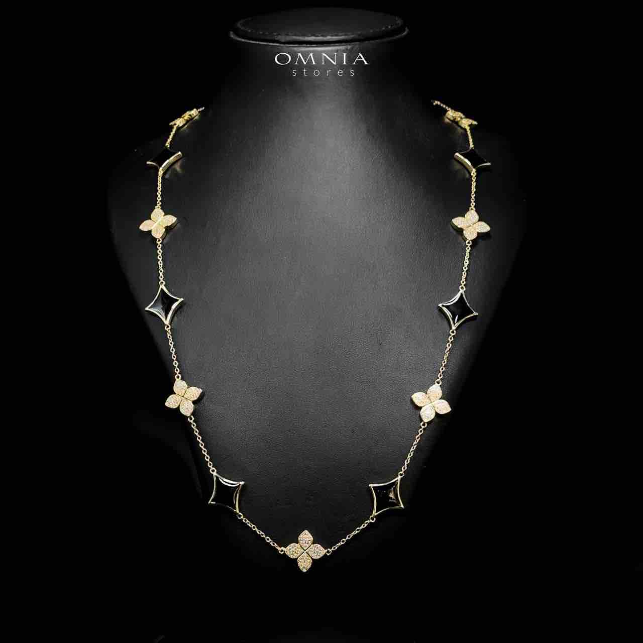 Omnia Golden Clove Black Long Chain Full Set with High-Quality Simulated Diamonds 18k Gold Plated 100cm
