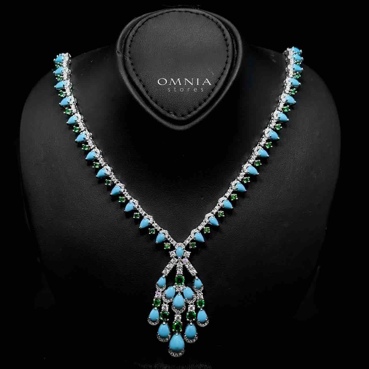 Omnia Salma Turquoise and Green Full Set with High-Quality Simulated Diamonds Rhodium Plated