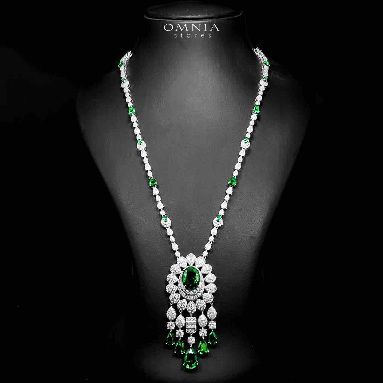 Omnia Aleya Green Bridal Full Long chain Set in High Quality Simulated Diamonds Rhodium Plated