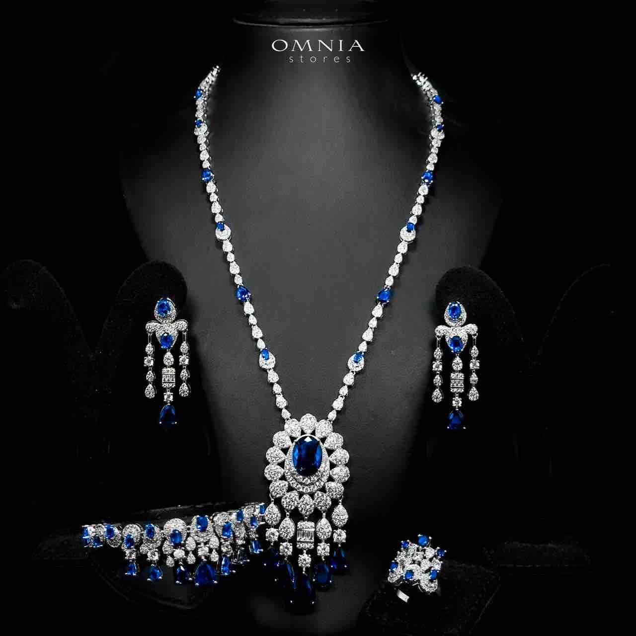 Omnia Aleya Blue Bridal Full Long chain Set in High Quality Simulated Diamonds Rhodium Plated