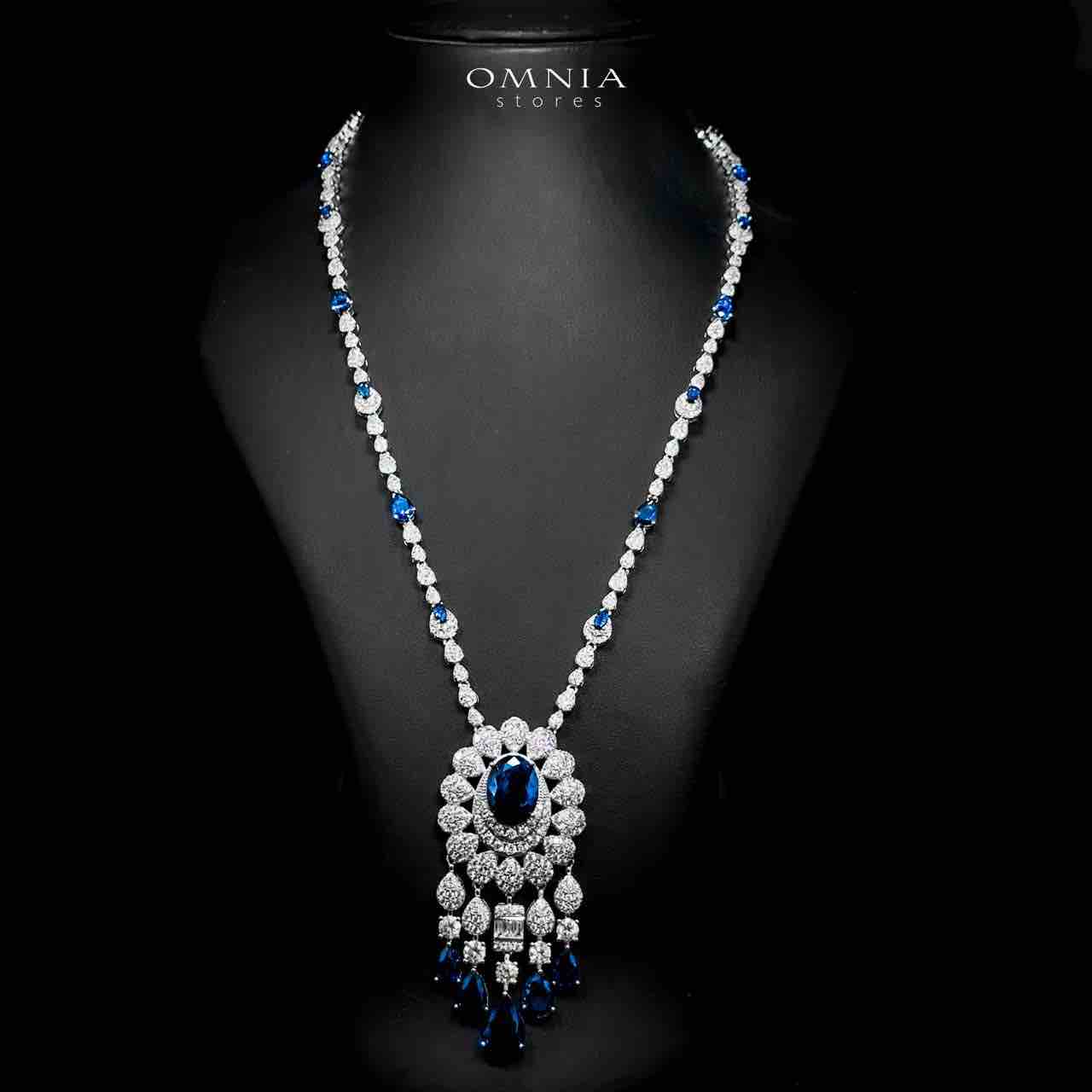 Omnia Aleya Blue Bridal Full Long chain Set in High Quality Simulated Diamonds Rhodium Plated