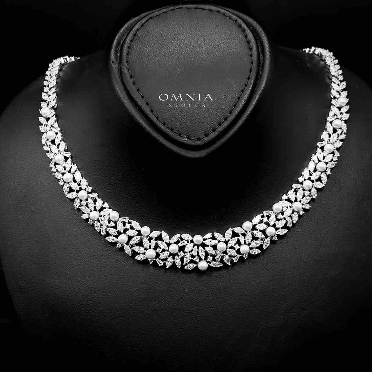 Omnia Fadwa White Pearl Luxury Bridal Full Set Accessories in High Quality Zircon Stone Rhodium Plated
