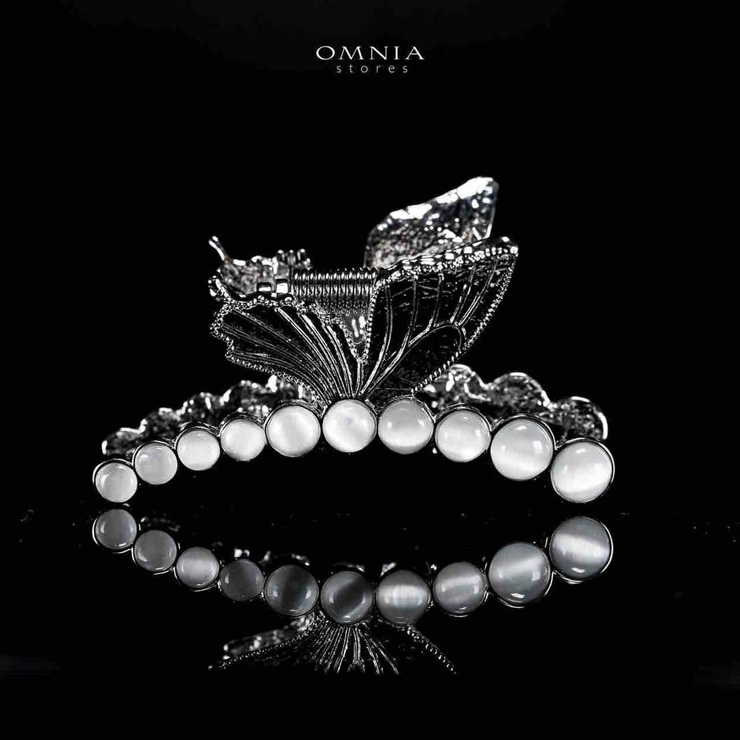 Omnia Ruwayda Pearl Butterfly Silver Hair Clip in High Quality Zircon Stone In Rhodium Plated