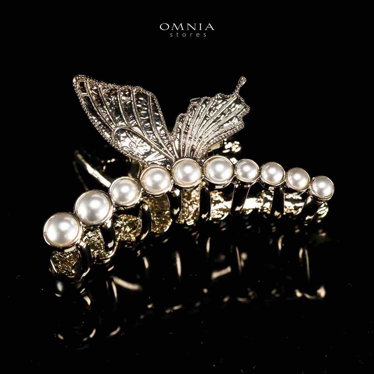 Omnia Ruwayda Pearl Butterfly Light Gold Hair Clip in High Quality Zircon Stone In Rhodium Plated