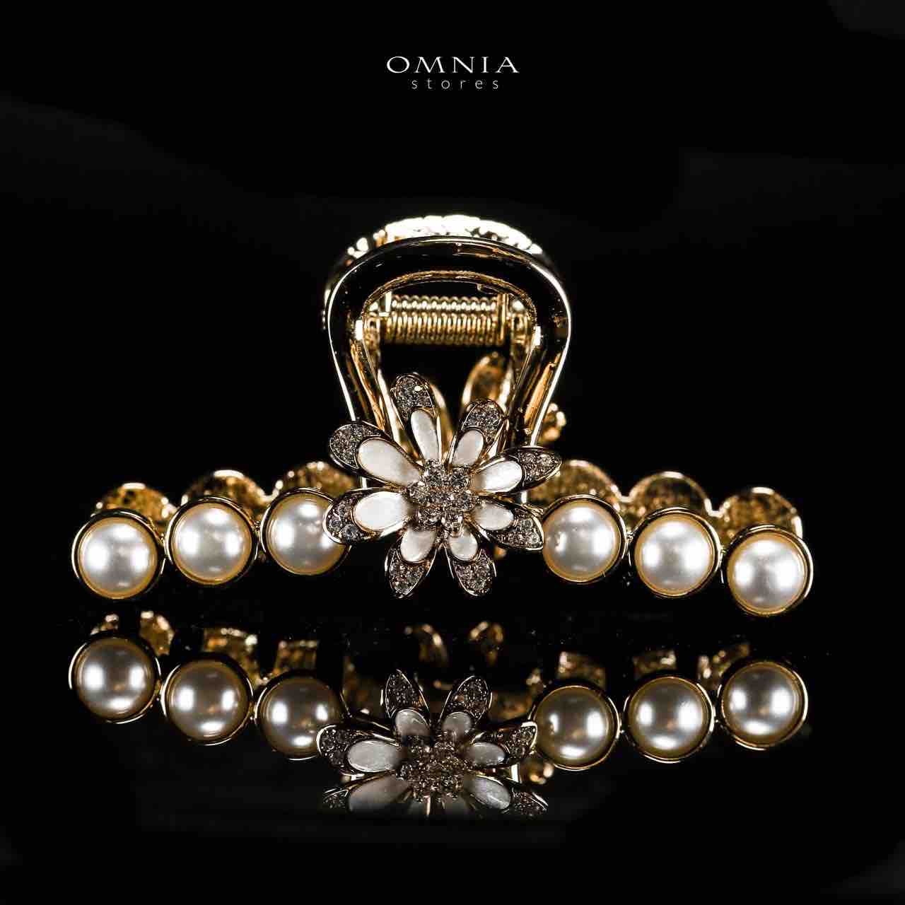 Omnia Ghazala Pearl Flower Design Light Gold Hair Clip in High Quality Zircon Stone In Rhodium Plated