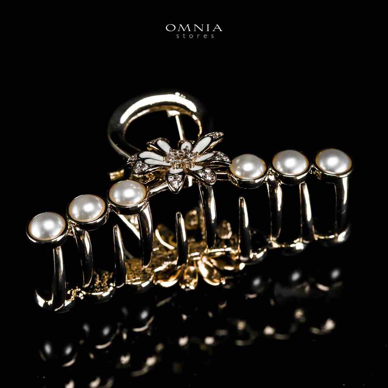 Omnia Ghazala Pearl Flower Design Light Gold Hair Clip in High Quality Zircon Stone In Rhodium Plated
