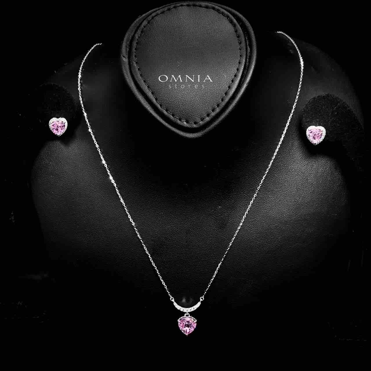 Omnia Shamail Silver Necklace and Earrings Set in 925 Silver with High-Quality Pink Ice Cut Stones