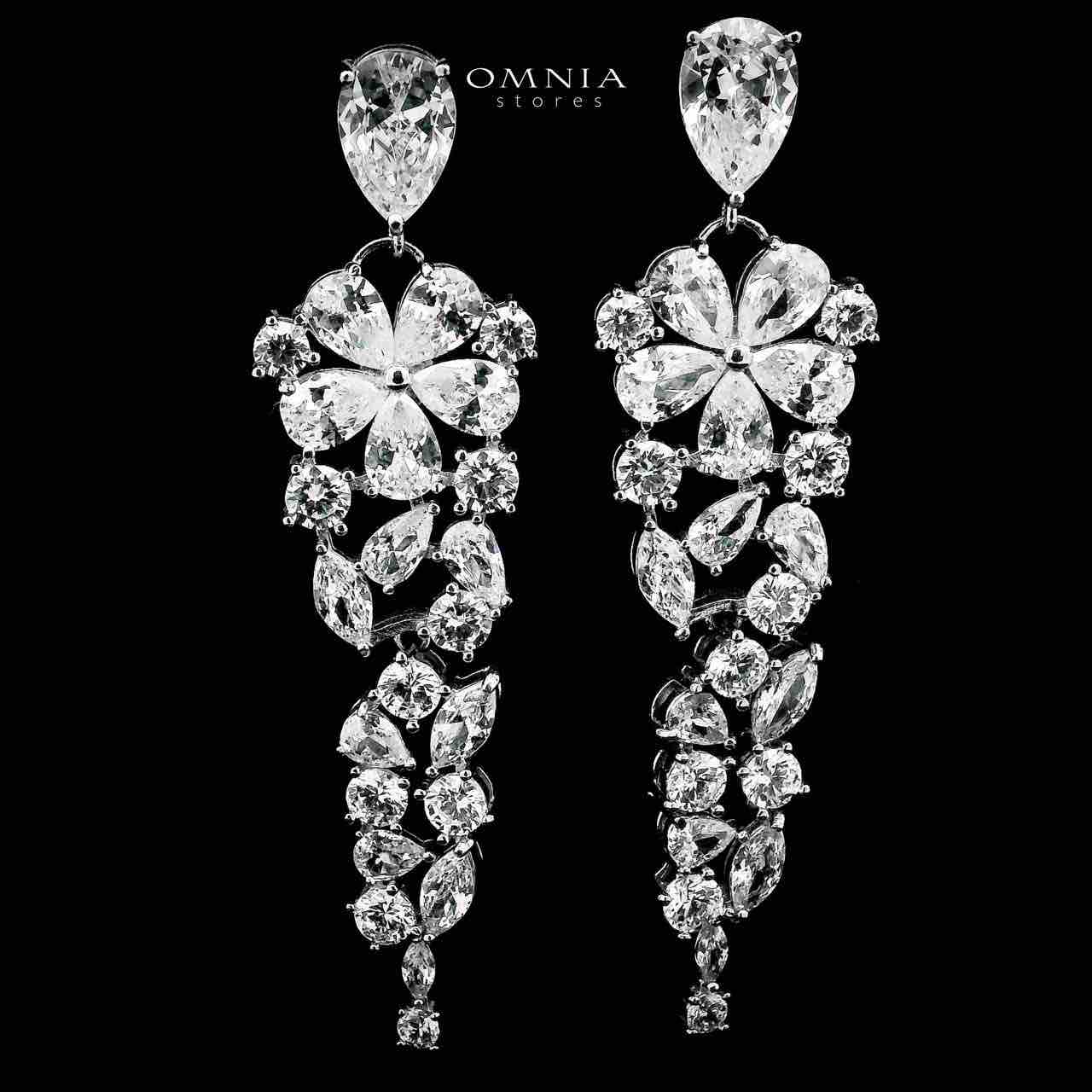 Omnia Qismah Silver Drop Earrings in 925 Silver with High-Quality White CZ Zircon Stones