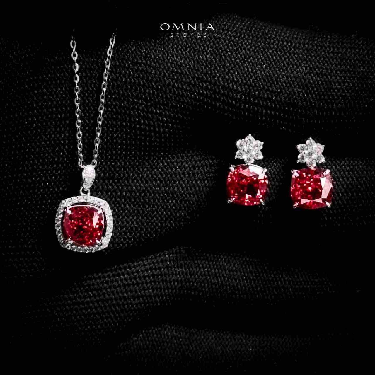 Omnia Nawara Silver Necklace and Earrings Set in 925 Silver with High-Quality Red Ice Cut Stones