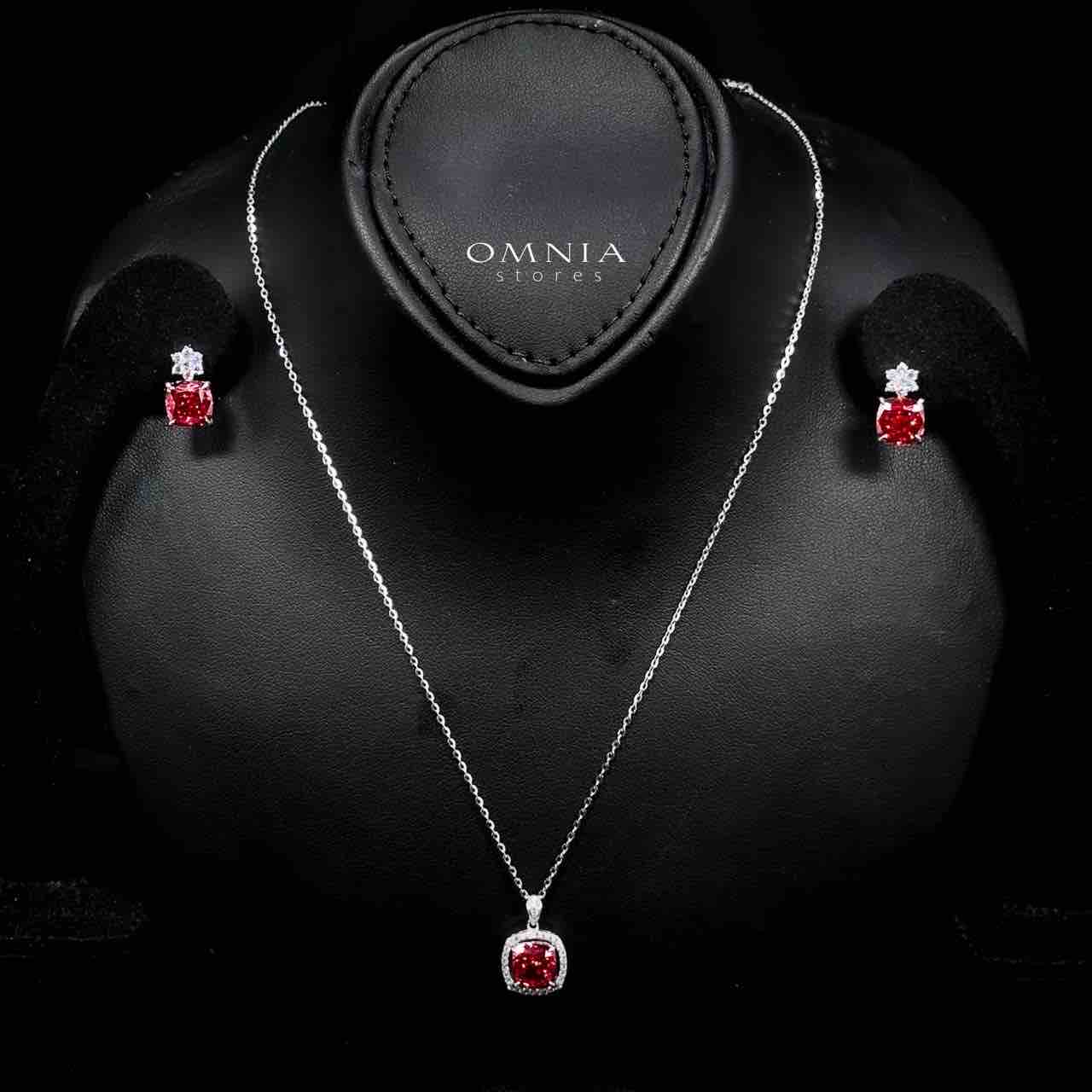 Omnia Nawara Silver Necklace and Earrings Set in 925 Silver with High-Quality Red Ice Cut Stones