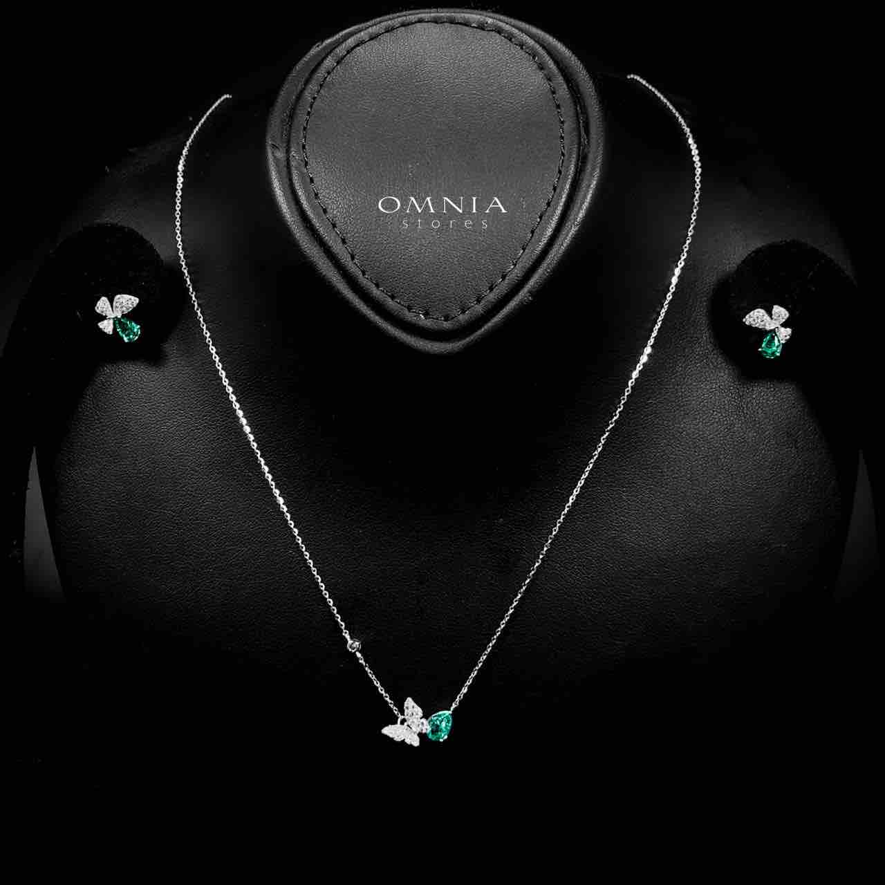 Omnia Nardeen Silver Butterfly Necklace and Earrings Set in 925 Silver with High-Quality Green Ice Cut Stones