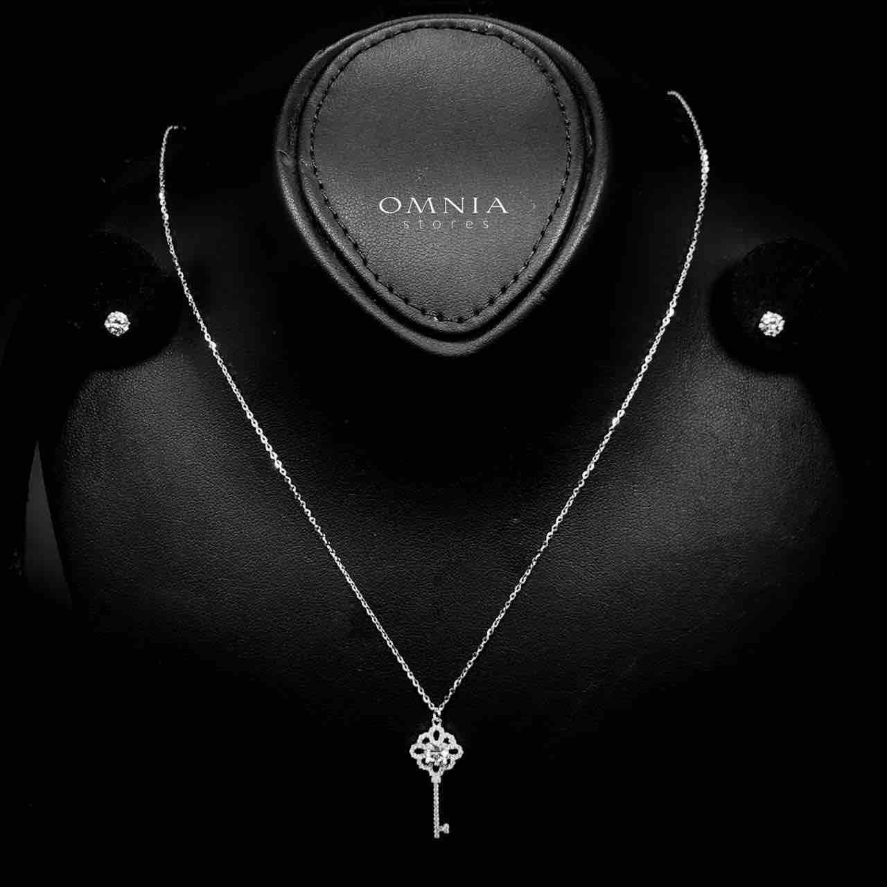 Omnia Zohour Silver Key Design Necklace and Earrings Set in 925 Silver with High-Quality White Moissanite Stones