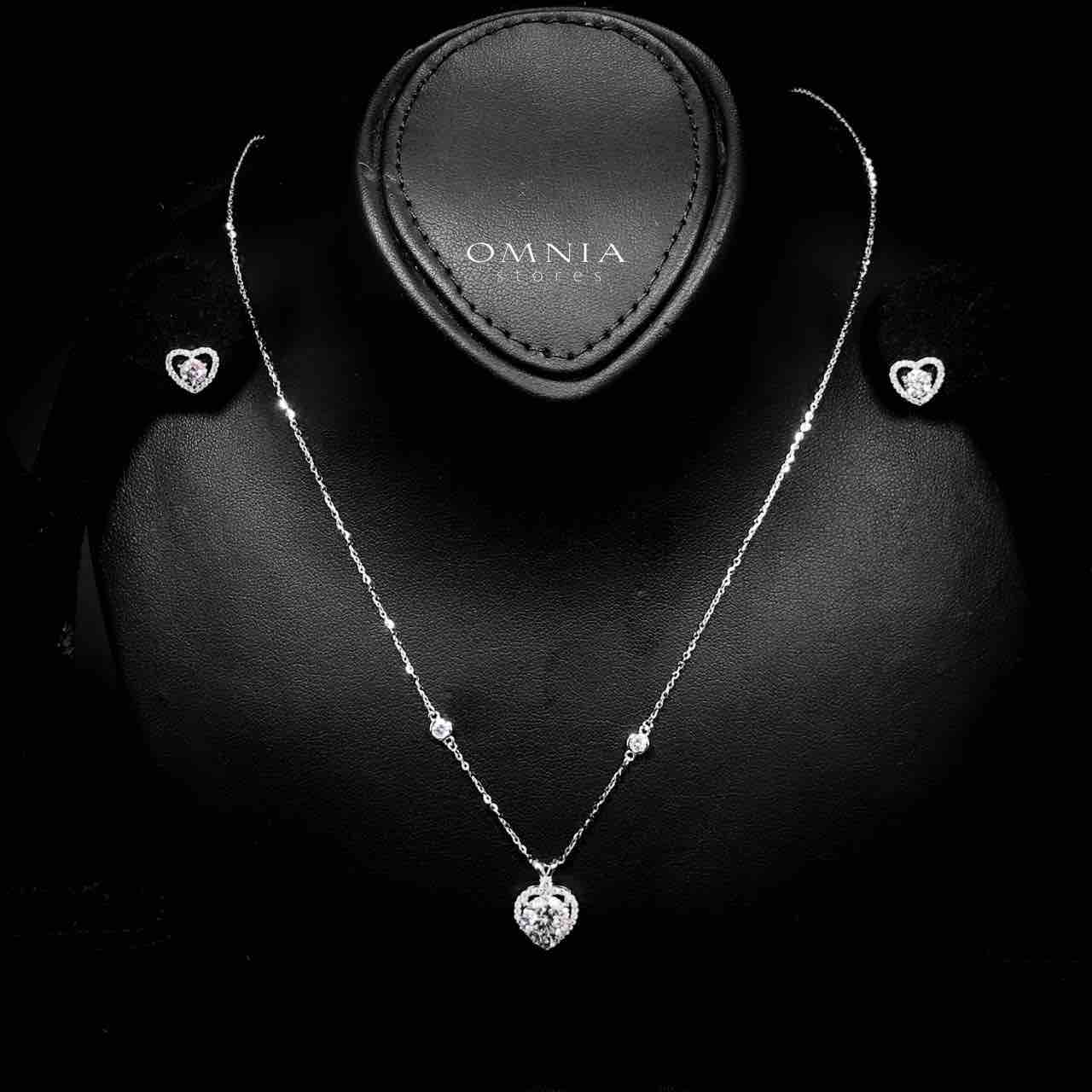 Omnia Tamima Silver Heart Shape Necklace and Earrings Set in 925 Silver with High-Quality White Moissanite Stones