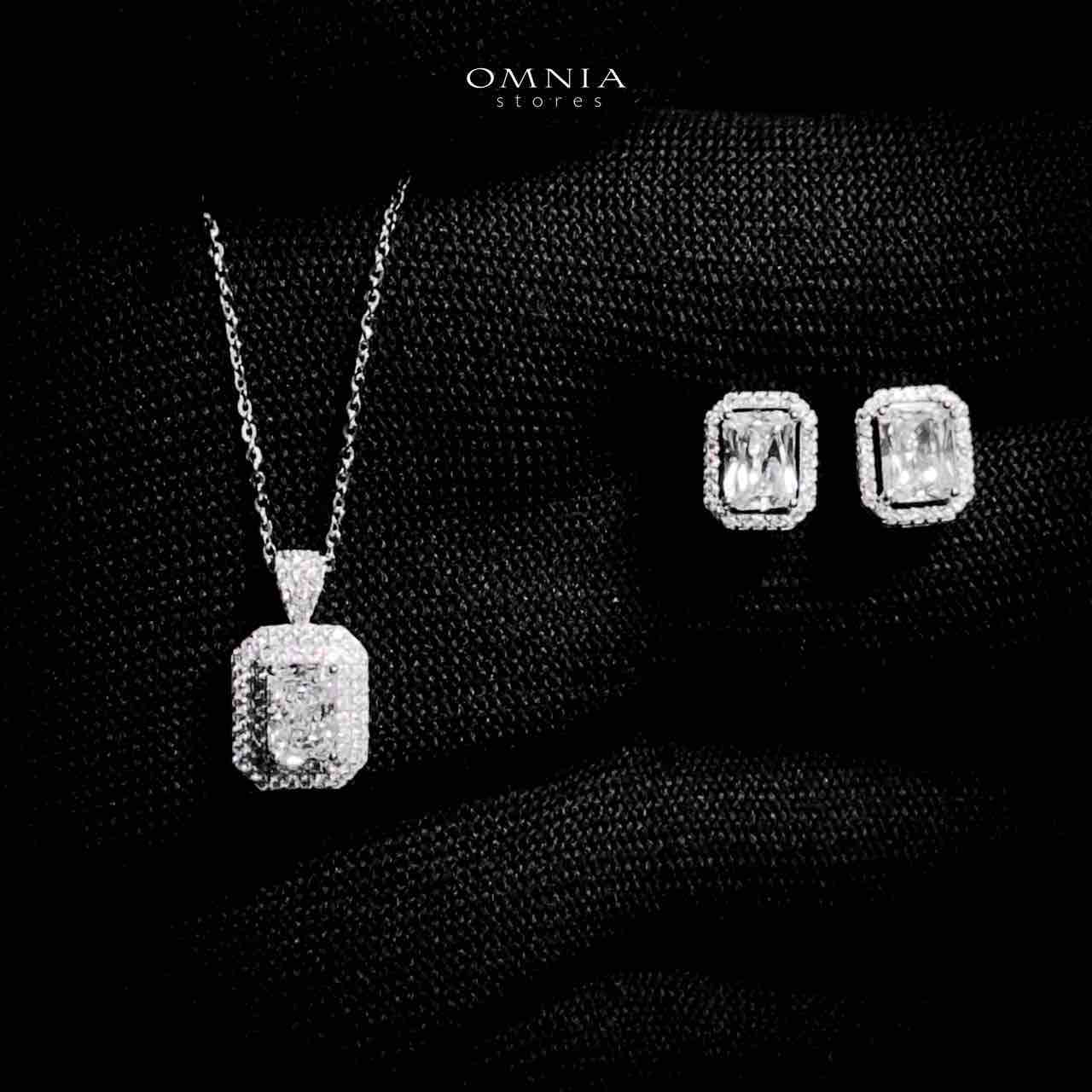 Omnia Najah Silver Rectangle Shape Necklace and Earrings Set in 925 Silver with High-Quality White Ice Cut Stones