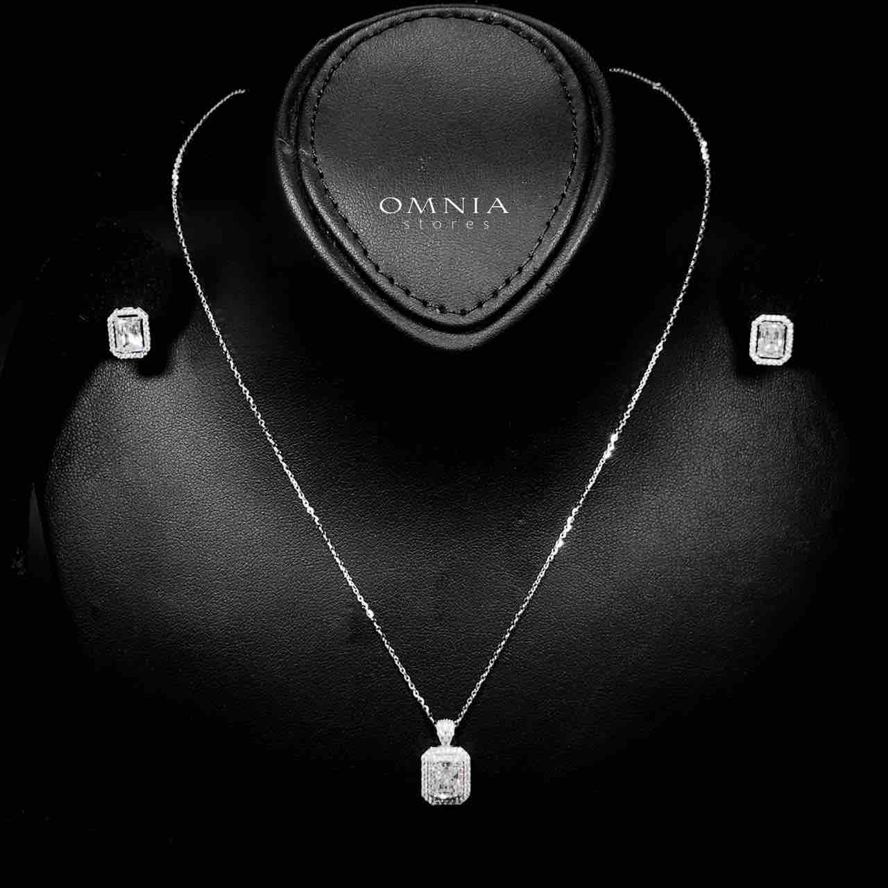 Omnia Najah Silver Rectangle Shape Necklace and Earrings Set in 925 Silver with High-Quality White Ice Cut Stones