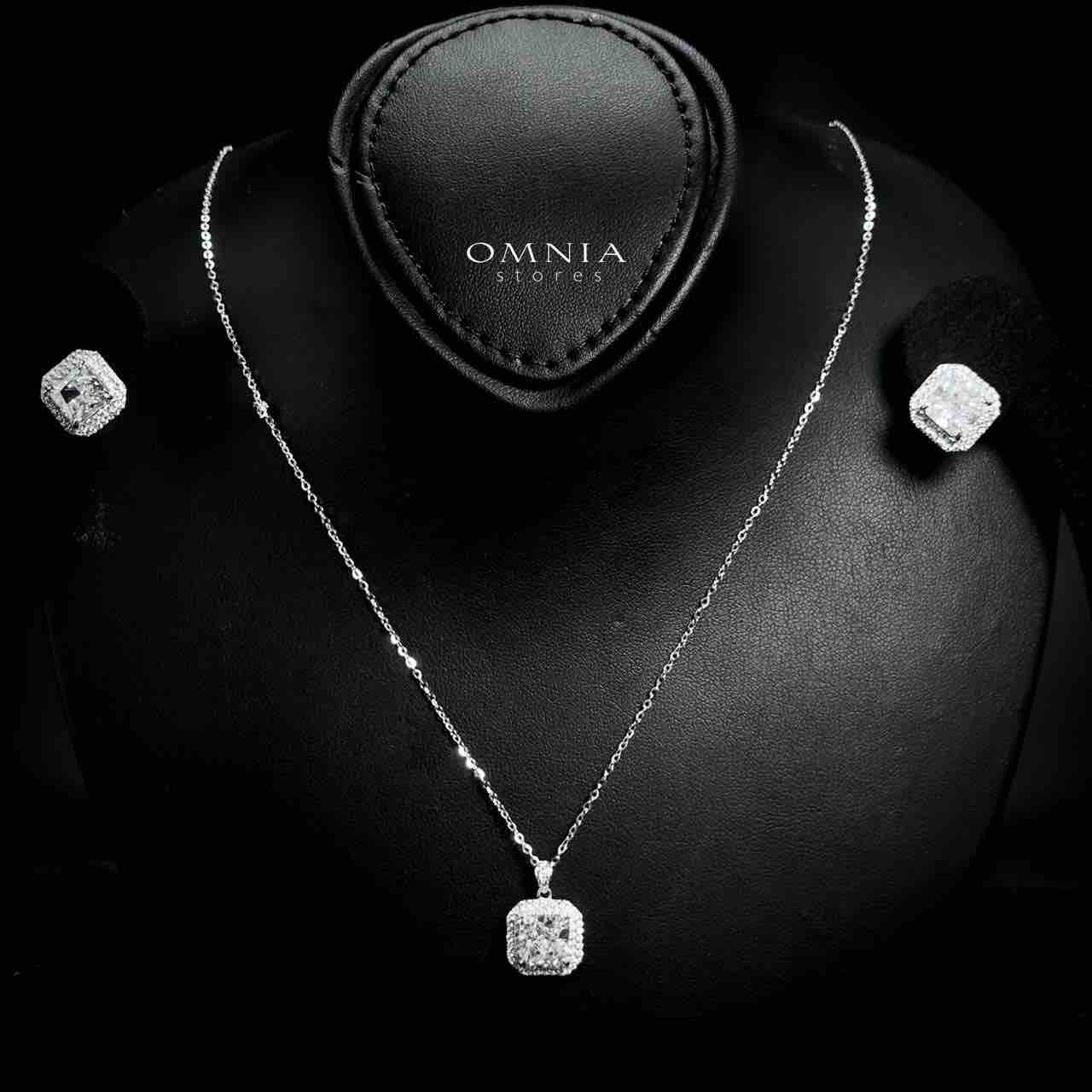 Omnia Hiyam Silver Square Necklace and Earrings Set in 925 Silver with High-Quality White Ice Cut Stones