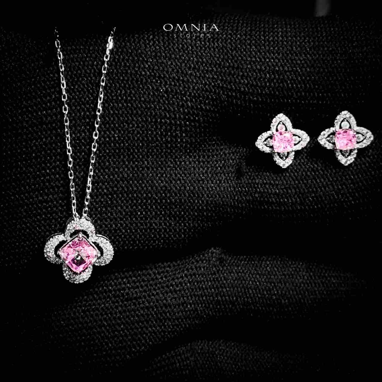Omnia Ziyana Silver Necklace and Earrings Set in 925 Silver with High-Quality Pink Ice Cut Stones