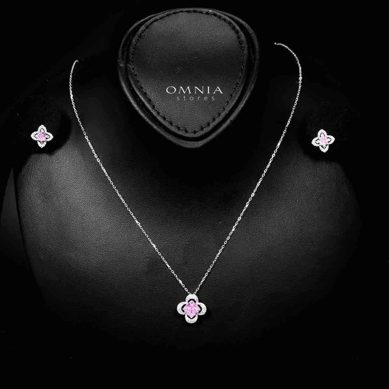 Omnia Ziyana Silver Necklace and Earrings Set in 925 Silver with High-Quality Pink Ice Cut Stones
