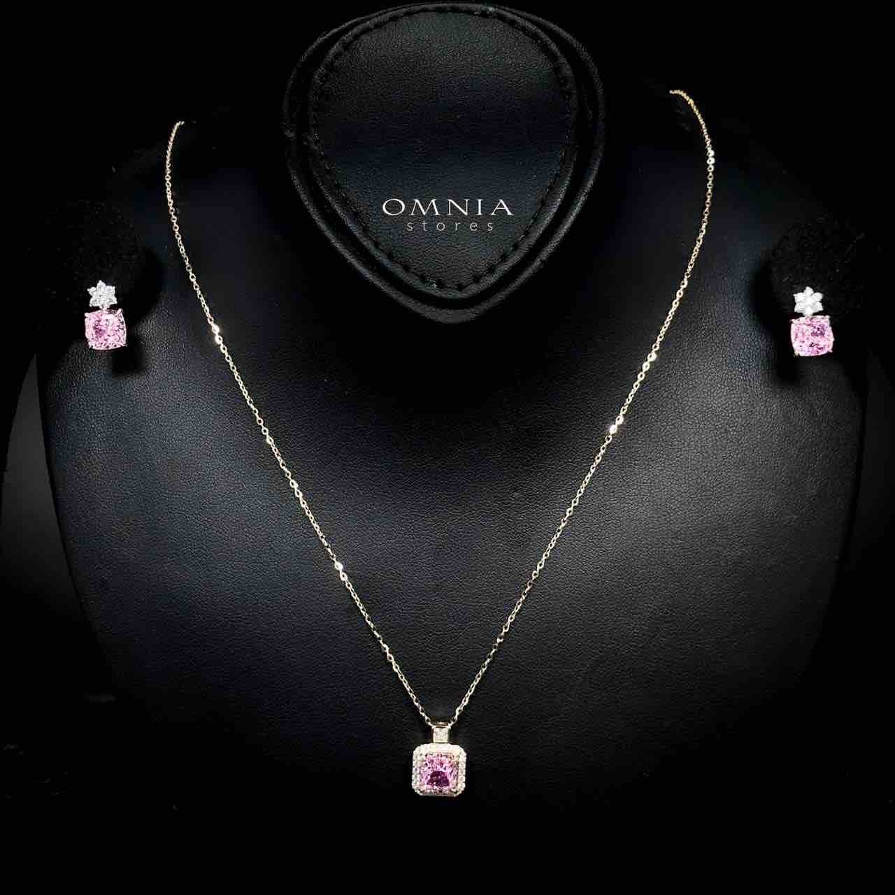 Omnia Shayla Golden Necklace and Earrings Set in 925 Silver with High-Quality Pink Ice Cut Stones
