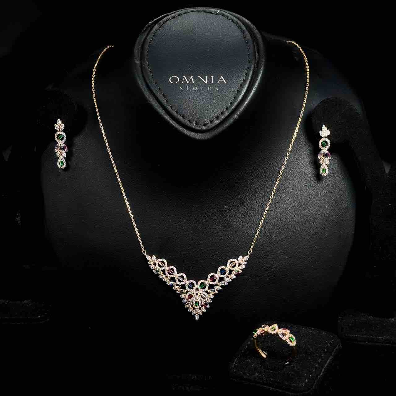 Omnia Safina Golden Necklace, Earrings & Ring With Rhodium Plated In High Quality Zircon Stone