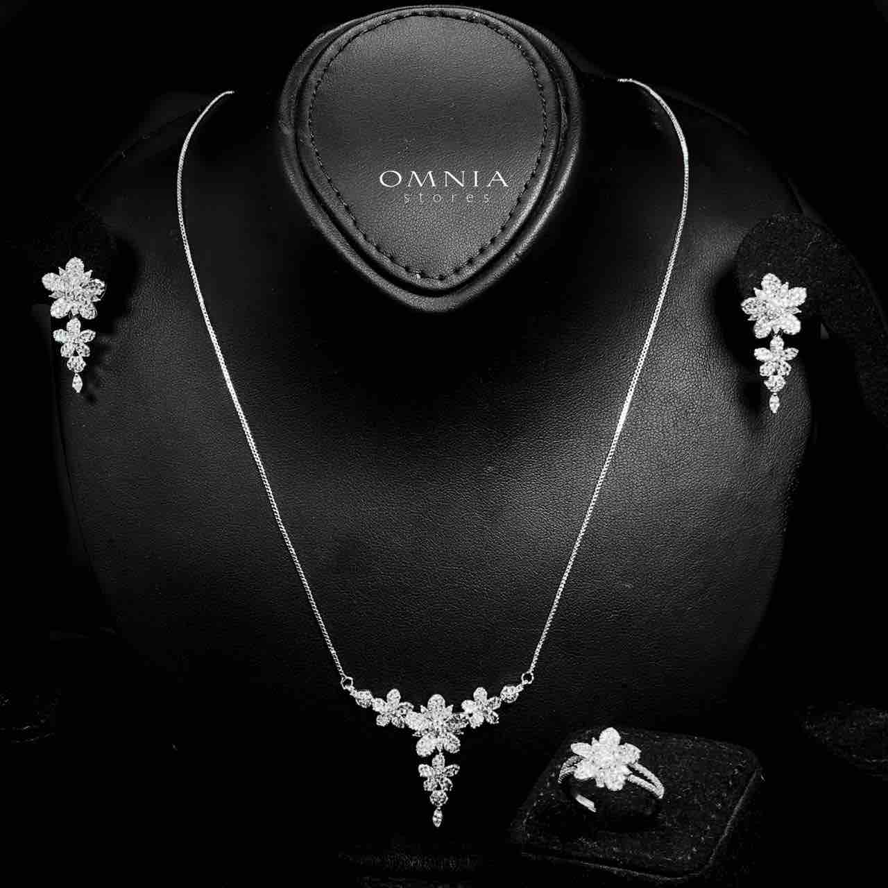 Omnia Nazeera Silver Necklace, Earrings & Ring With Rhodium Plated In High Quality Zircon Stone