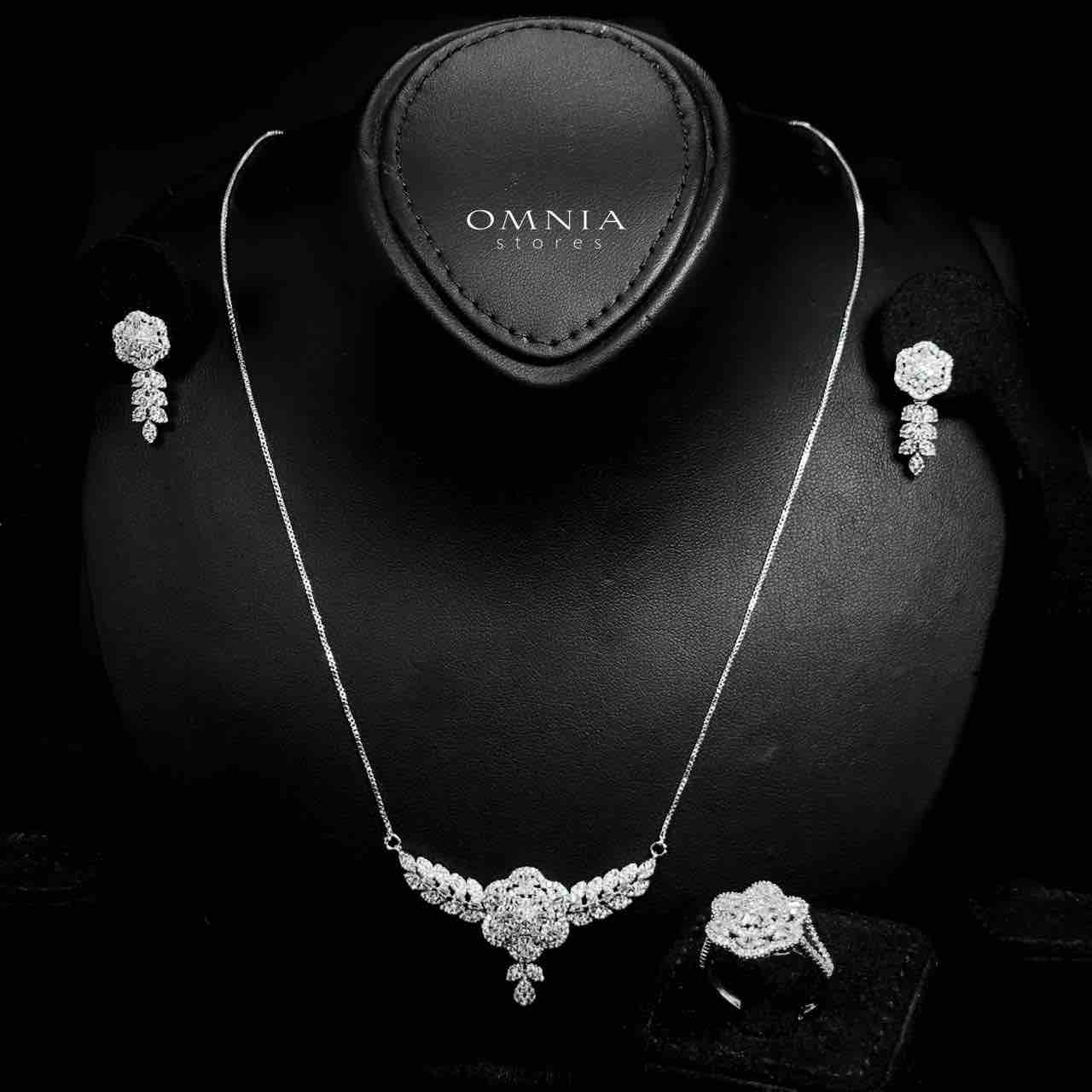 Omnia Husna Silver Necklace, Earrings & Ring With Rhodium Plated In High Quality Zircon Stone