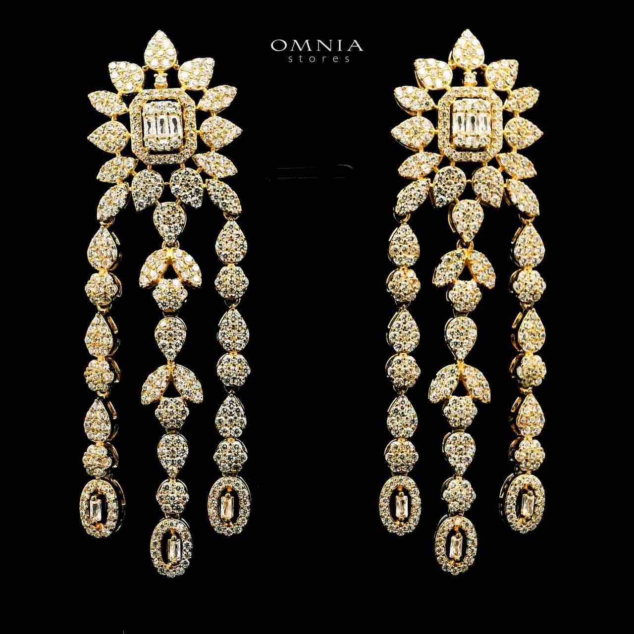 Omnia Tima Golden Drop Eariings With Rhodium Plated In High Quality Zircon Stone